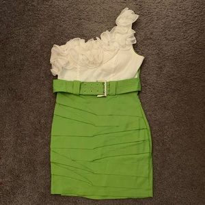 White and green one shoulder dress